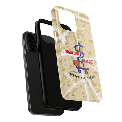 iPhone case with background of a map in brown.  Centered is the Staff of Asclepius riding on a skateboard with a suitcase and the words "Traveling Nurse". Underneath are the words "Living The Dream".