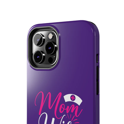 Blue iPhone case with graphic text "Mom, Wife, Nurse, Rockstar" in alternating pink and white. The word "Mom" is topped by an old style nurses' hat.