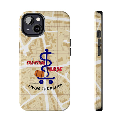 iPhone case with background of a map in brown.  Centered is the Staff of Asclepius riding on a skateboard with a suitcase and the words "Traveling Nurse". Underneath are the words "Living The Dream".