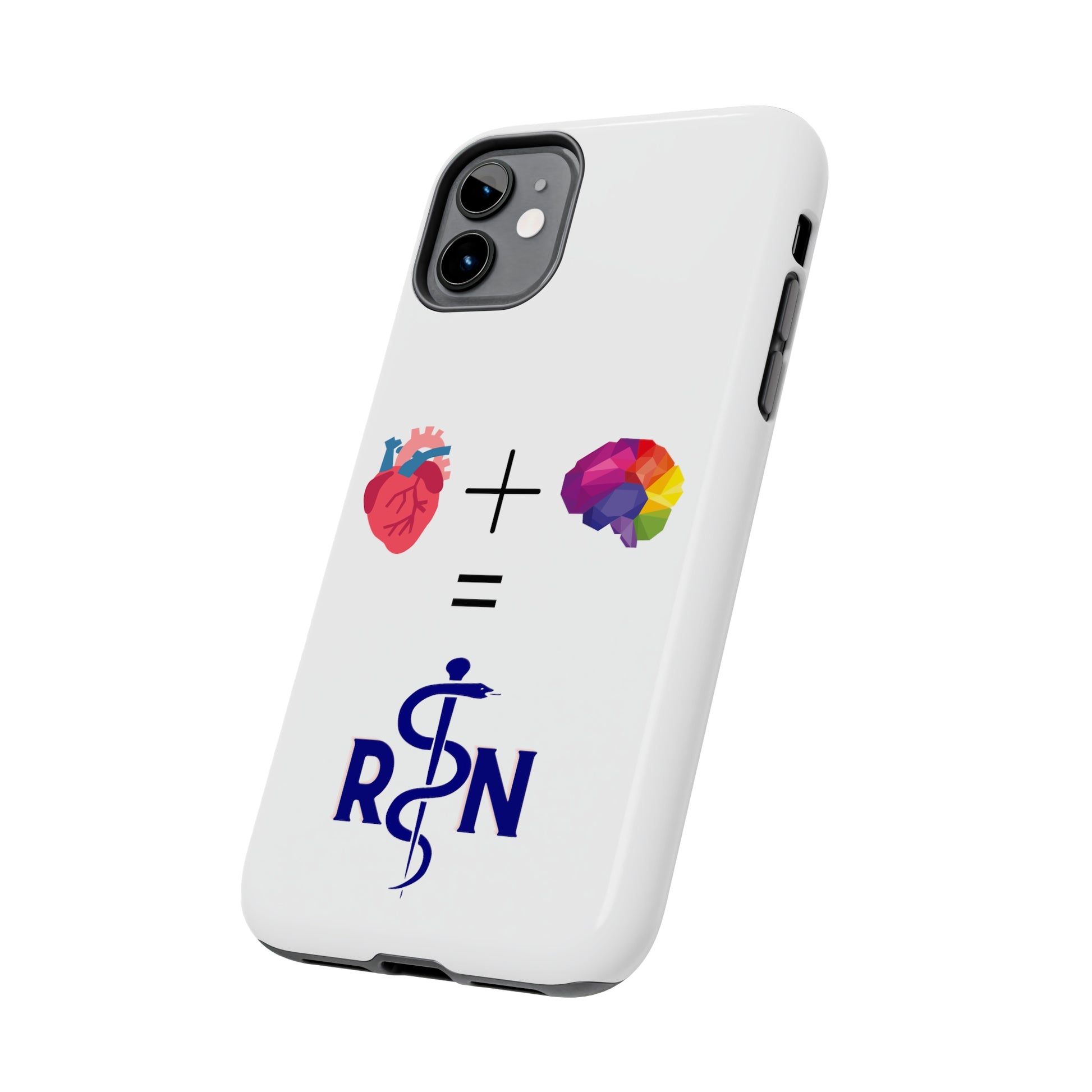 White iPhone case with graphic of a heart, a plus sign, a graphic of a colorful brain, the equals symbol and the letters R and N separated by the staff of Aesculapius.