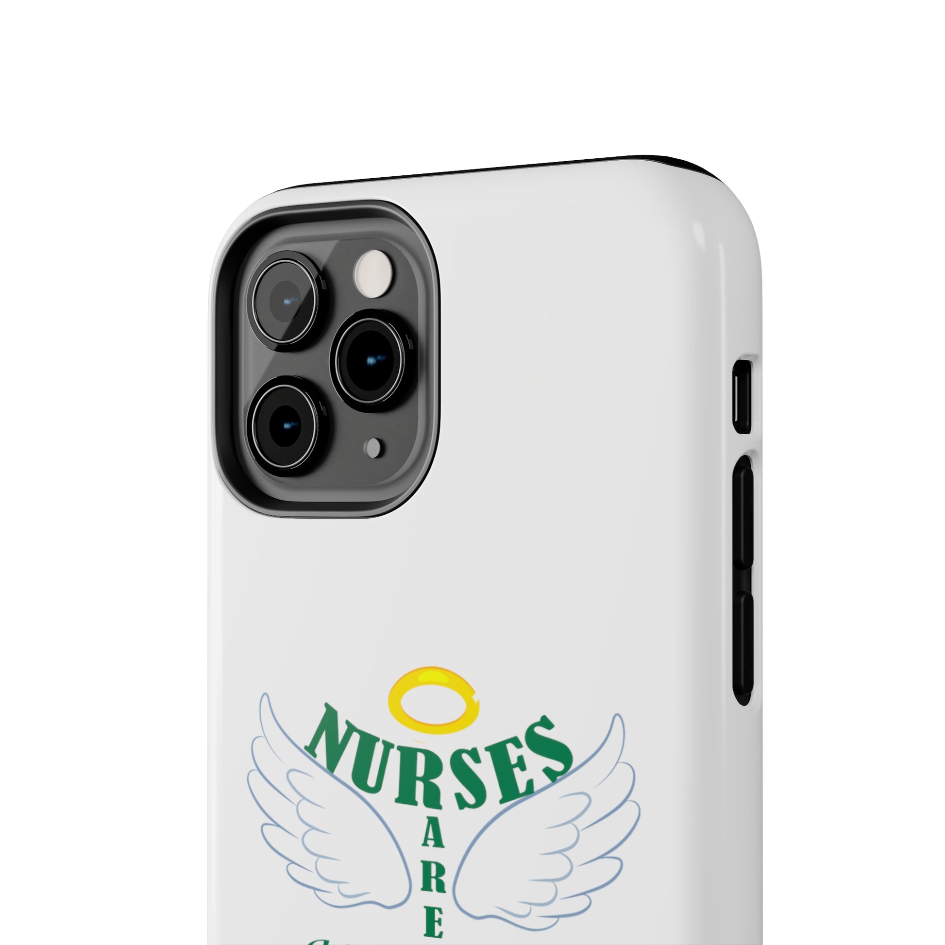 White iPhone case featuring a halo in gold and two white wings and the text "Nurses Are Angels You Can See" suggestive of a person.