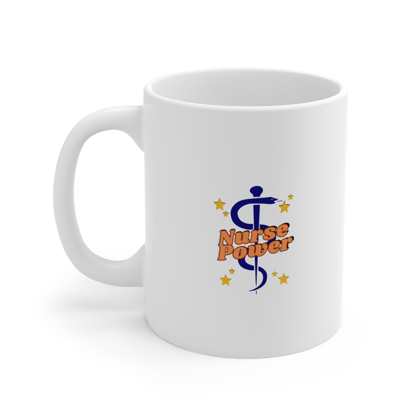 White 11 oz. mug with Orange Nurse Power logo on one side and text on the other side that says "Tireless and kind hearts- Nurses mend more than just wounds. Healers of the soul."