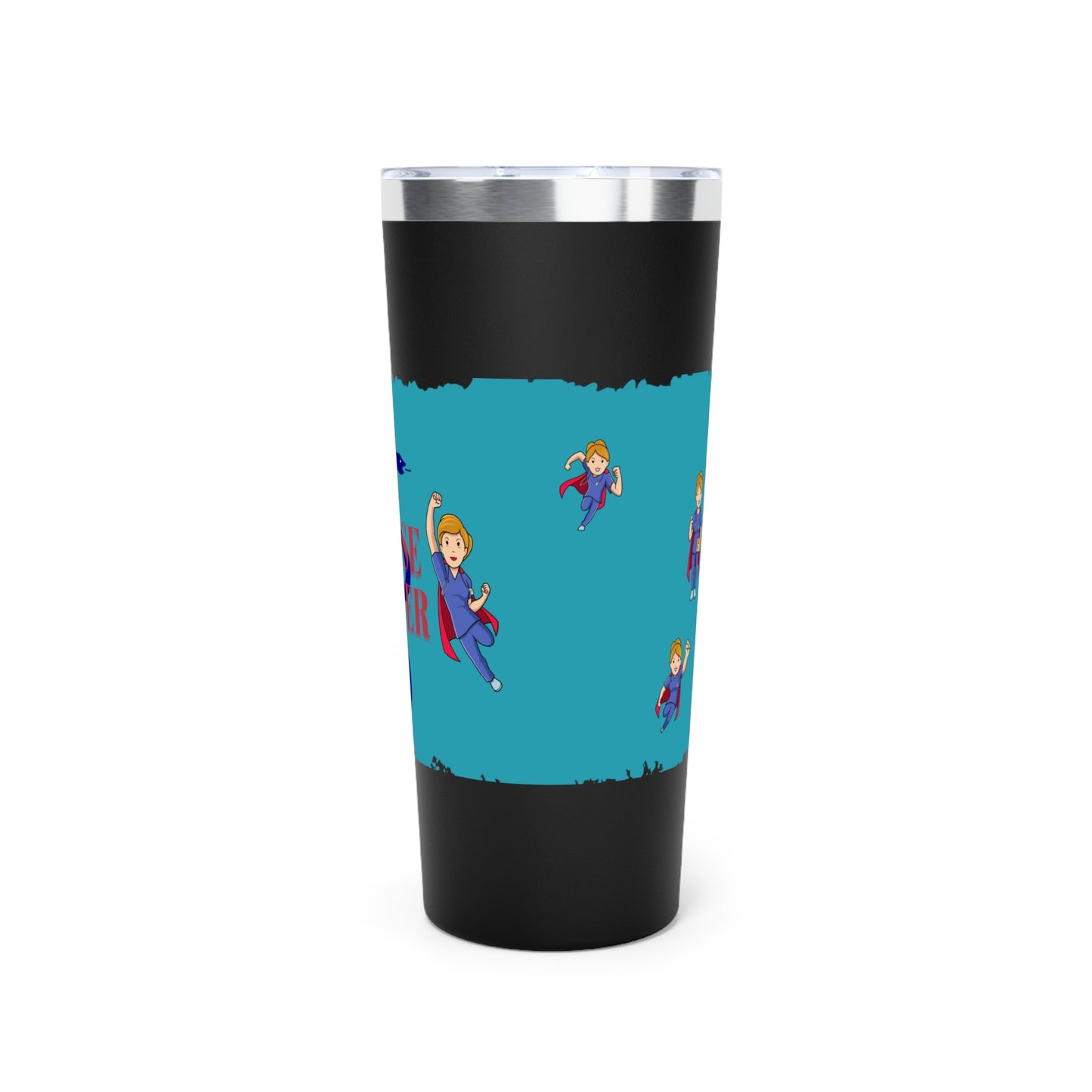 Black or white 22oz tumbler with teal center.  Feature graphics are the Aesculapius staff with the words "Nurse Power" and smaller flying nurse figures around the circumfranse. 