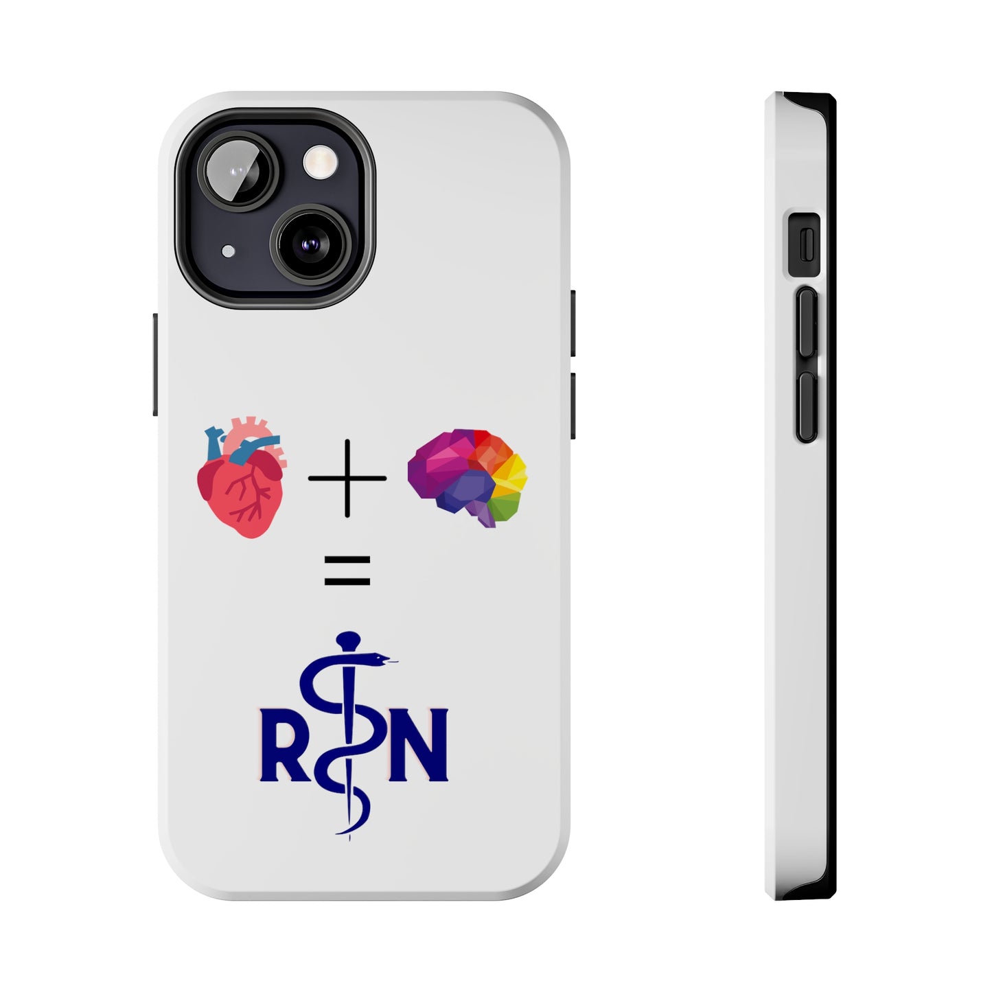 White iPhone case with graphic of a heart, a plus sign, a graphic of a colorful brain, the equals symbol and the letters R and N separated by the staff of Aesculapius.