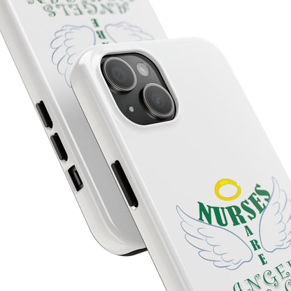 White iPhone case featuring a halo in gold and two white wings and the text "Nurses Are Angels You Can See" suggestive of a person.