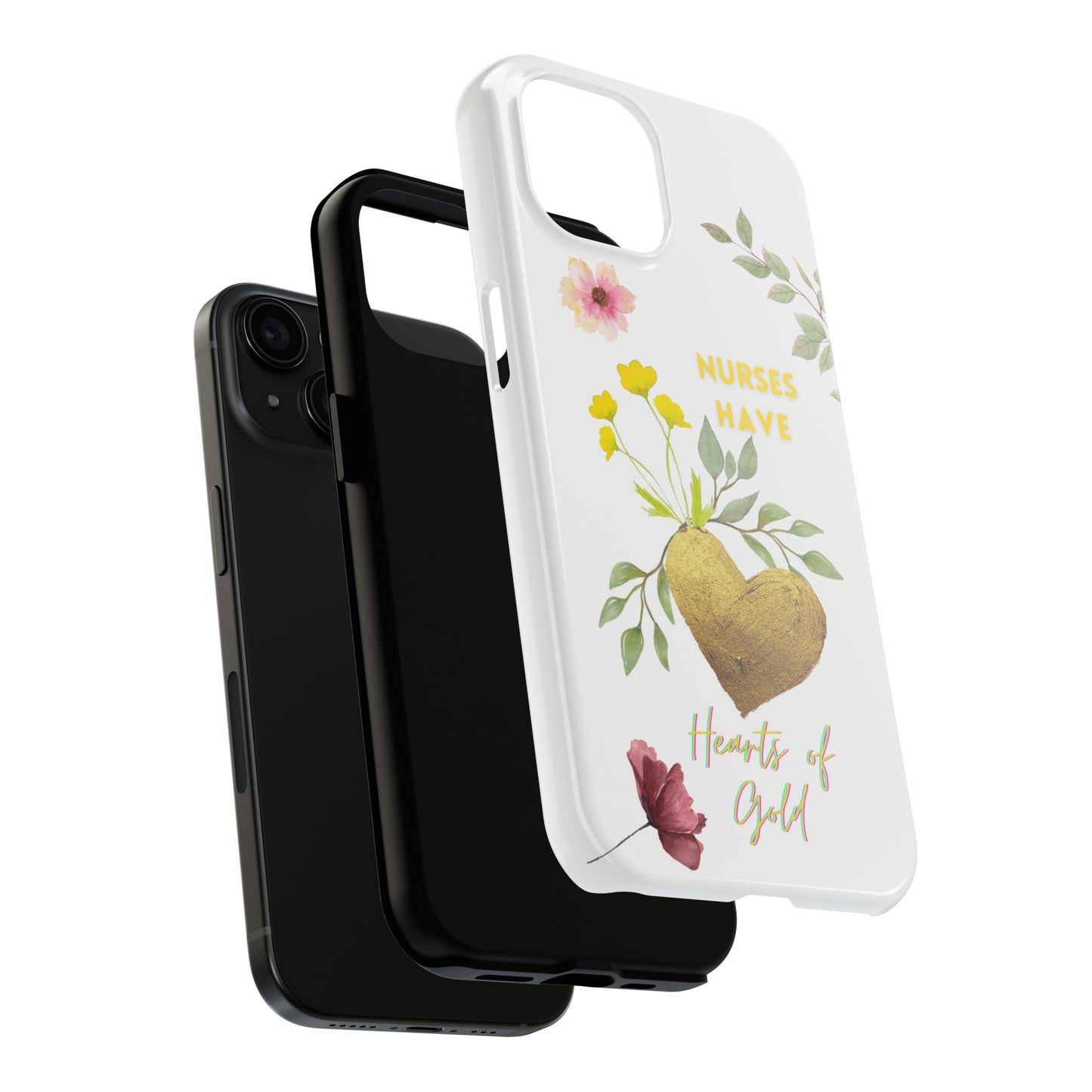 Show the layers that make up the protection of the case. White iPhone case with wild flowers and a golden flower heart and text that says: "Nurses have hearts of gold".