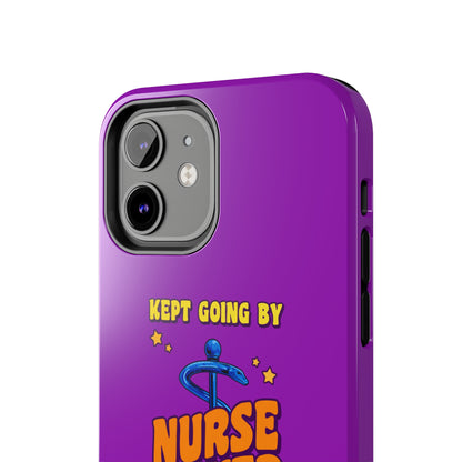 Purple iPhone case with the staff of caduceus centered with the words "Nurse Power" in blue and orange .  Above it the words "Kept Going By" and below the words "and lots of caffeine & candy in yellow."