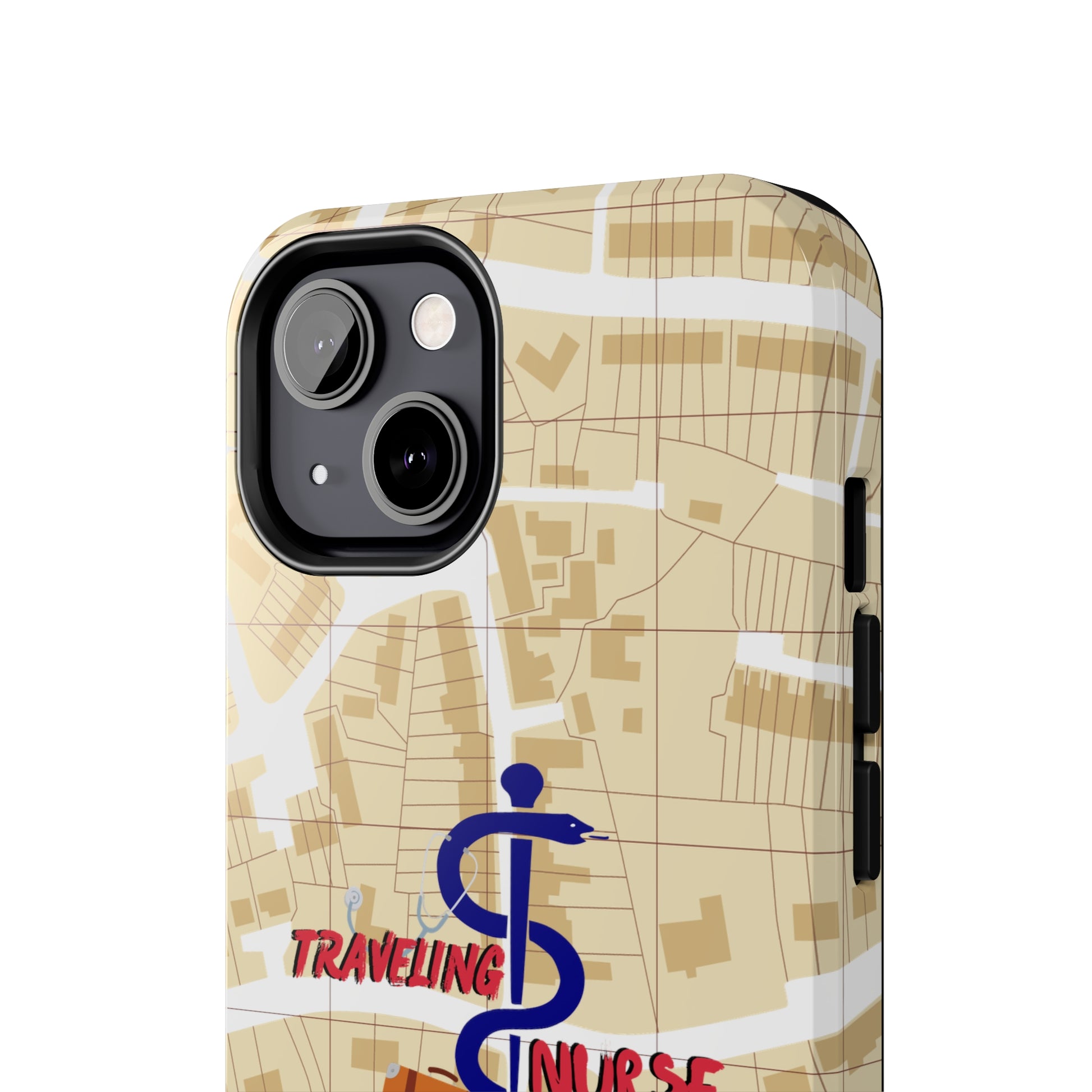 iPhone case with background of a map in brown.  Centered is the Staff of Asclepius riding on a skateboard with a suitcase and the words "Traveling Nurse". Underneath are the words "Living The Dream".