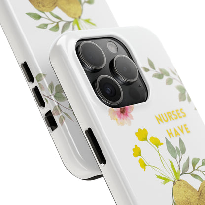 White iPhone case with wild flowers and a golden flower heart and text that says: "Nurses have hearts of gold".