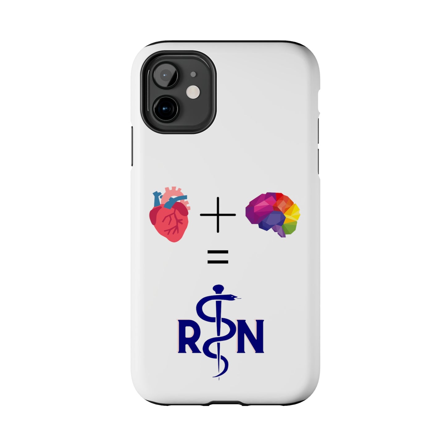 White iPhone case with graphic of a heart, a plus sign, a graphic of a colorful brain, the equals symbol and the letters R and N separated by the staff of Aesculapius.