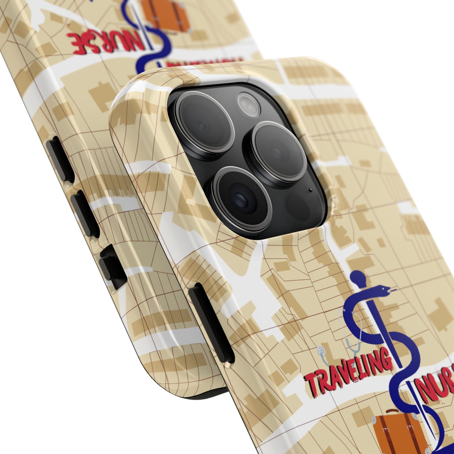 iPhone case with background of a map in brown.  Centered is the Staff of Asclepius riding on a skateboard with a suitcase and the words "Traveling Nurse". Underneath are the words "Living The Dream".