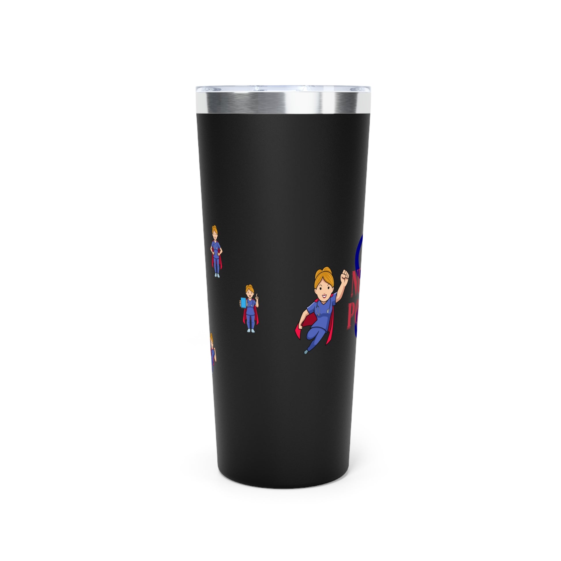 Black 22oz tumbler.  Feature graphics are the Aesculapius staff in dark Blue with the words "Nurse Power" in red and smaller flying nurse figures around the circumference.