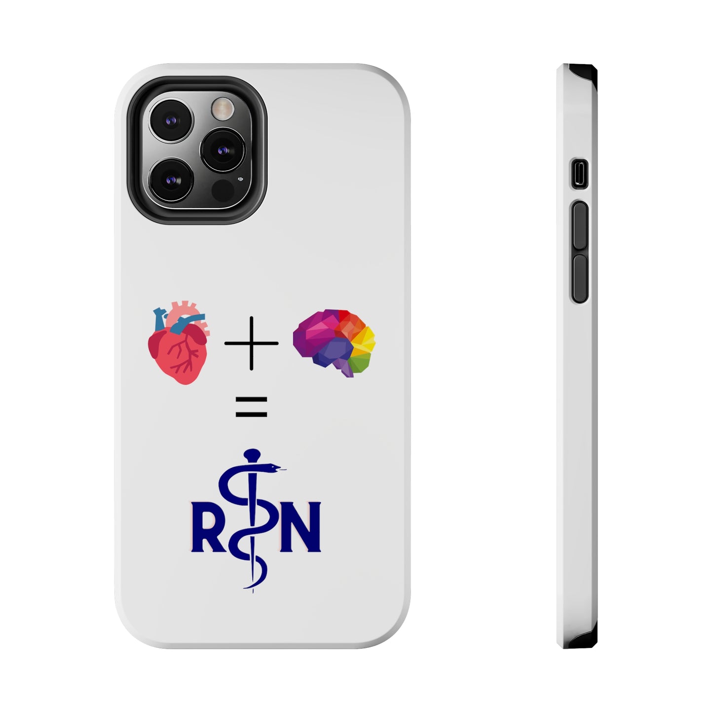 White iPhone case with graphic of a heart, a plus sign, a graphic of a colorful brain, the equals symbol and the letters R and N separated by the staff of Aesculapius.