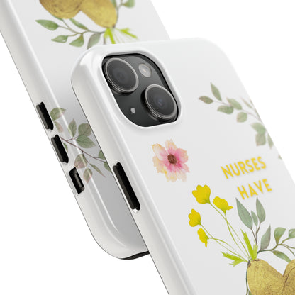 White iPhone case with wild flowers and a golden flower heart and text that says: "Nurses have hearts of gold".