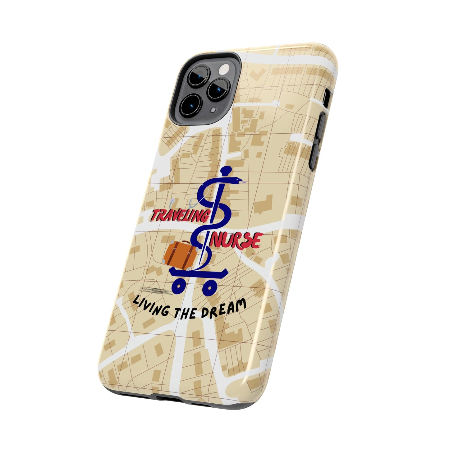 iPhone case with background of a map in brown.  Centered is the Staff of Asclepius riding on a skateboard with a suitcase and the words "Traveling Nurse". Underneath are the words "Living The Dream".