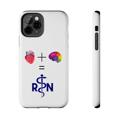 White iPhone case with graphic of a heart, a plus sign, a graphic of a colorful brain, the equals symbol and the letters R and N separated by the staff of Aesculapius.