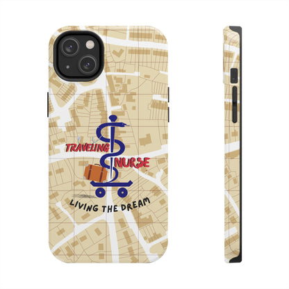 iPhone case with background of a map in brown.  Centered is the Staff of Asclepius riding on a skateboard with a suitcase and the words "Traveling Nurse". Underneath are the words "Living The Dream".