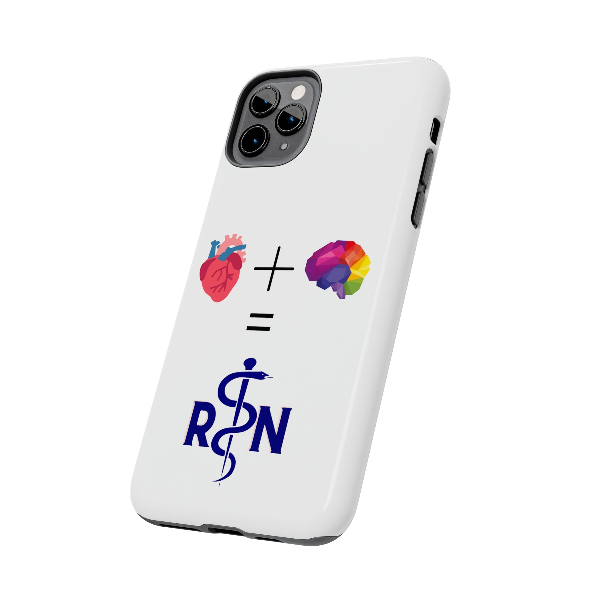 White iPhone case with graphic of a heart, a plus sign, a graphic of a colorful brain, the equals symbol and the letters R and N separated by the staff of Aesculapius.