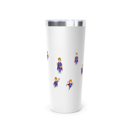 White 22oz tumbler.  Feature graphics are the Aesculapius staff in dark Blue with the words "Nurse Power" in red and smaller flying nurse figures around the circumference.