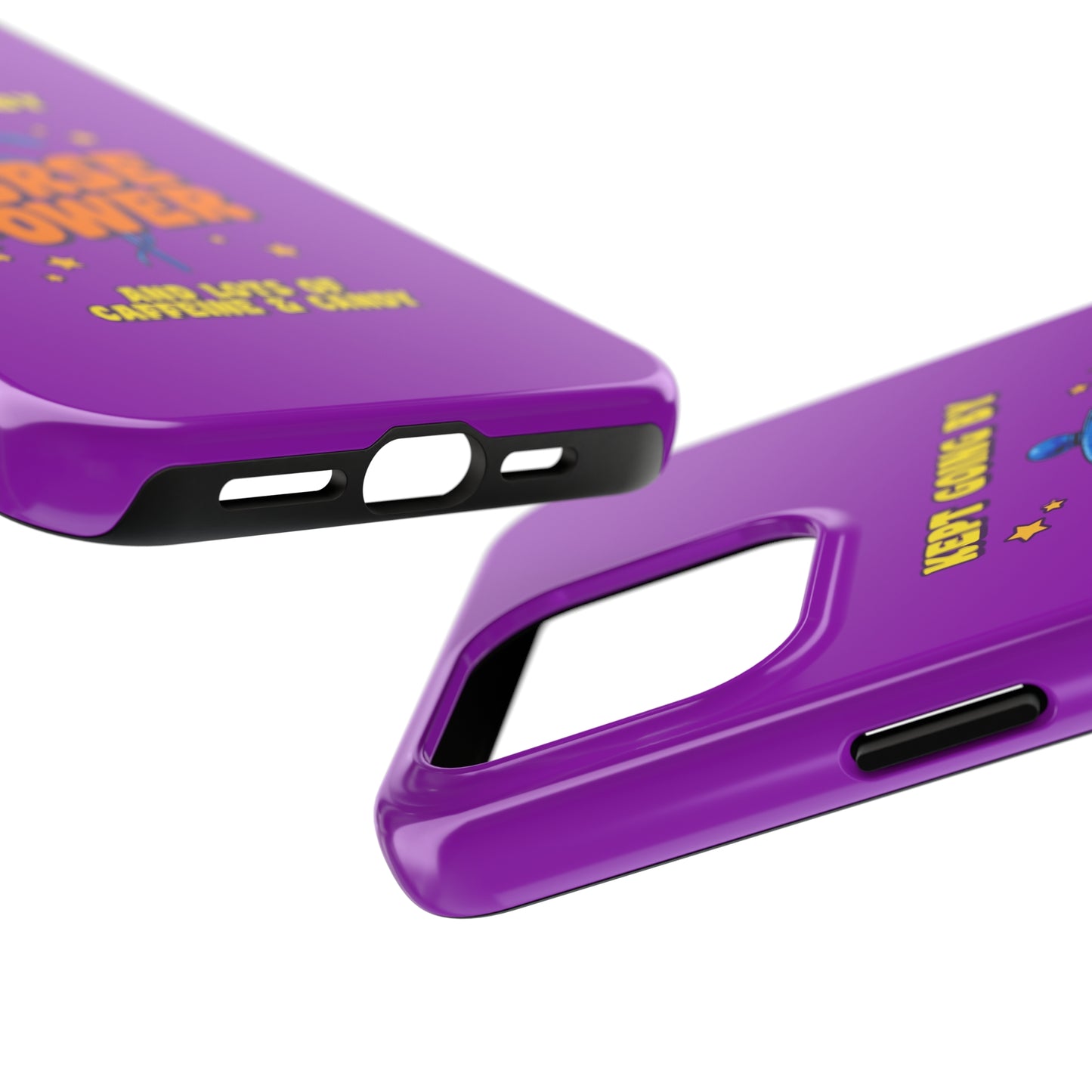 Purple iPhone case with the staff of caduceus centered with the words "Nurse Power" in blue and orange .  Above it the words "Kept Going By" and below the words "and lots of caffeine & candy in yellow."