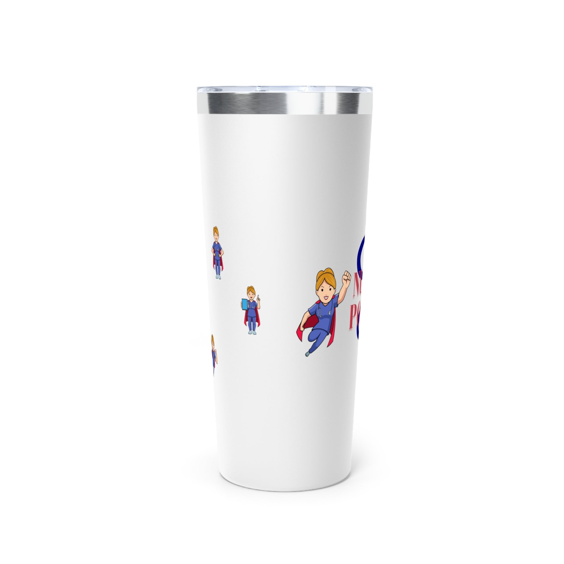 White 22oz tumbler.  Feature graphics are the Aesculapius staff in dark Blue with the words "Nurse Power" in red and smaller flying nurse figures around the circumference.