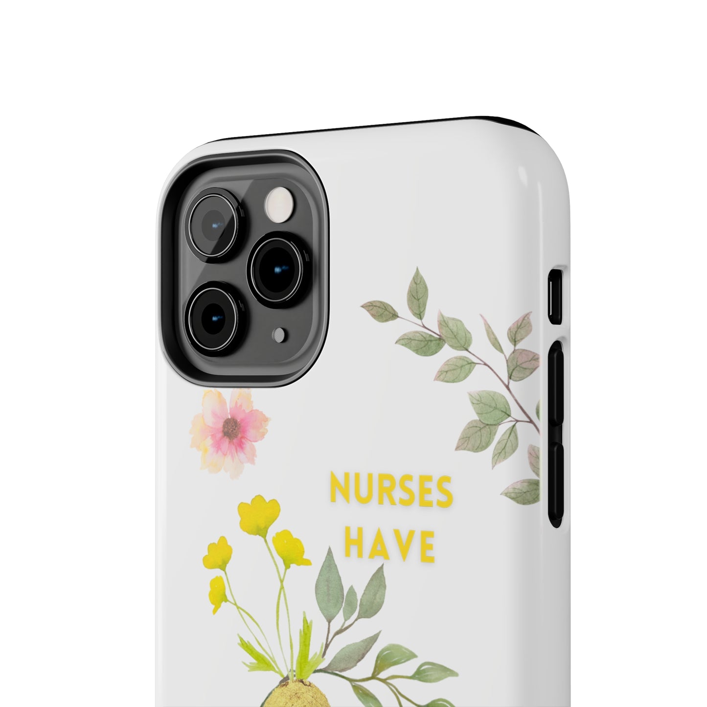 White iPhone case with wild flowers and a golden flower heart and text that says: "Nurses have hearts of gold".