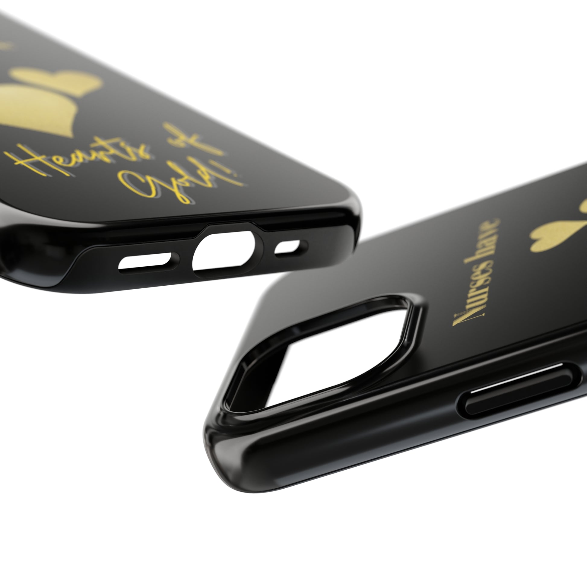 Black iPhone case with three hearts of gold  and text that says "Nurses have hearts of Gold" in gold text.