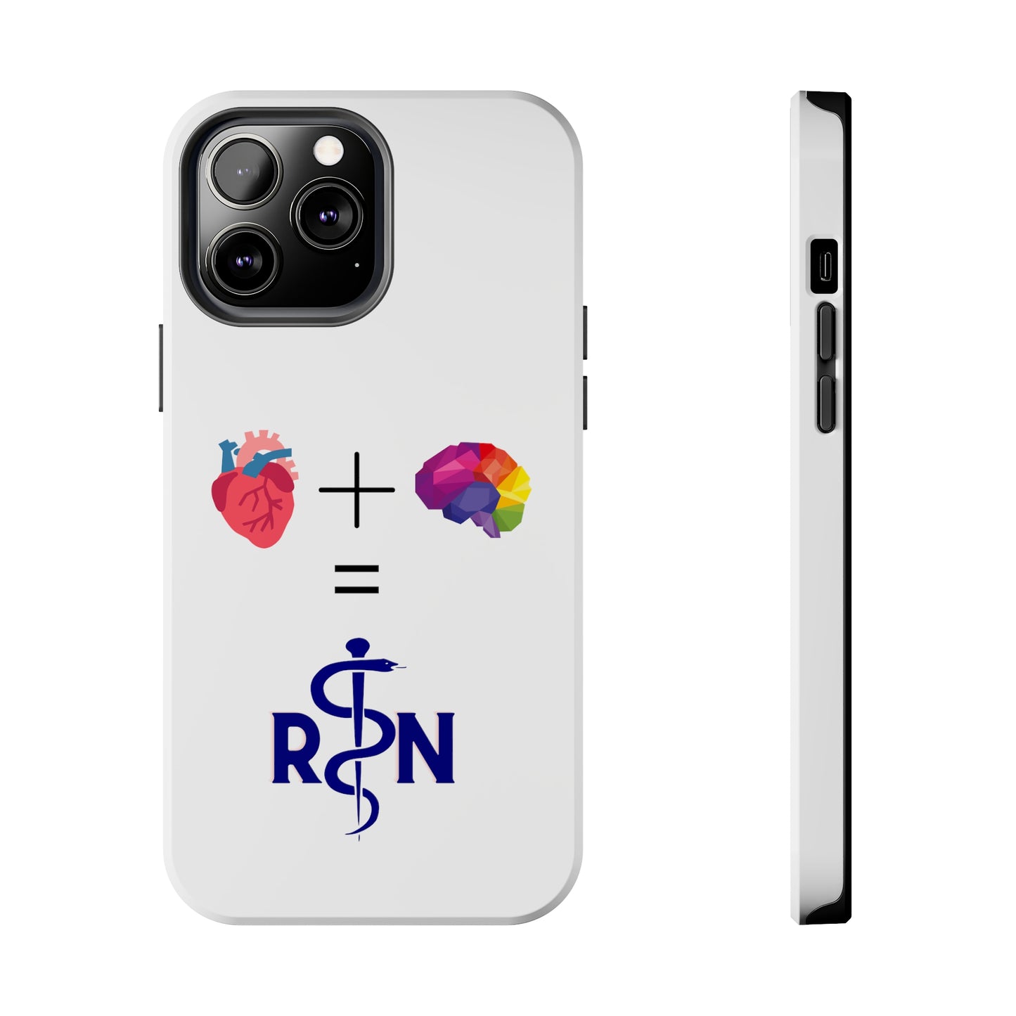 White iPhone case with graphic of a heart, a plus sign, a graphic of a colorful brain, the equals symbol and the letters R and N separated by the staff of Aesculapius.