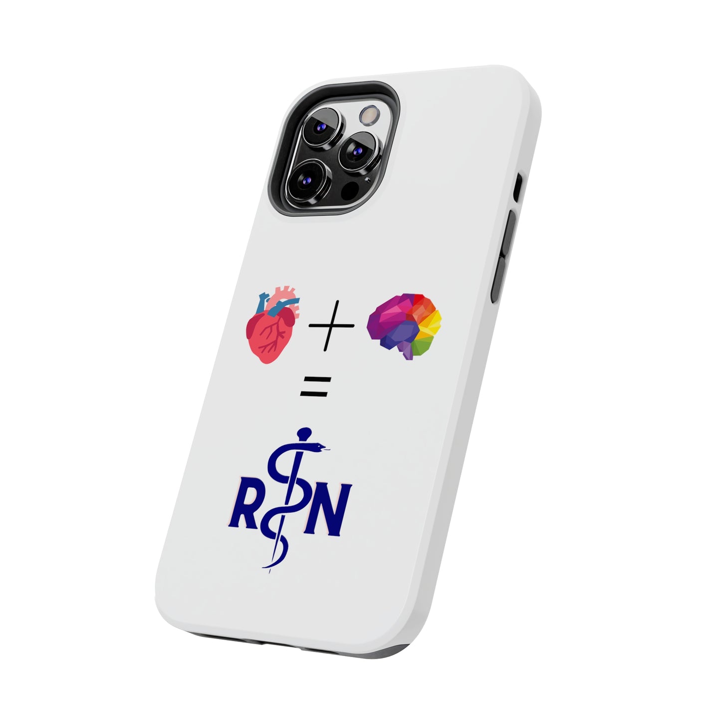 White iPhone case with graphic of a heart, a plus sign, a graphic of a colorful brain, the equals symbol and the letters R and N separated by the staff of Aesculapius.