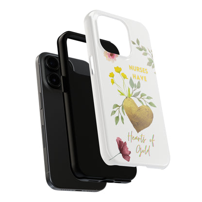 Show the layers that make of the protection of the cases. White iPhone case with wild flowers and a golden flower heart and text that says: "Nurses have hearts of gold".