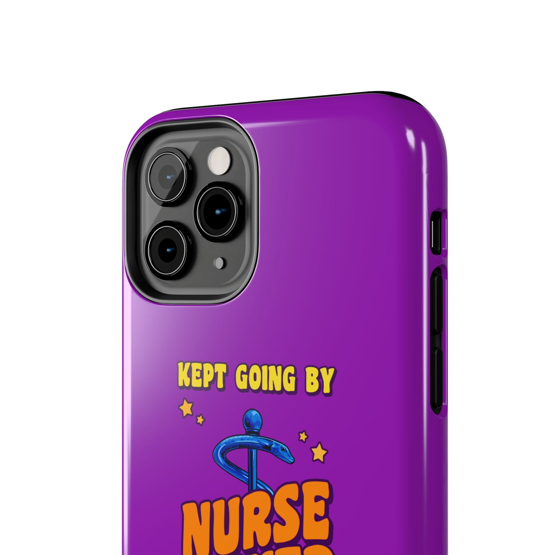 Purple iPhone case with the staff of caduceus centered with the words "Nurse Power" in blue and orange .  Above it the words "Kept Going By" and below the words "and lots of caffeine & candy in yellow."