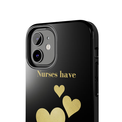 Black iPhone case with three hearts of gold  and text that says "Nurses have hearts of Gold" in gold text.