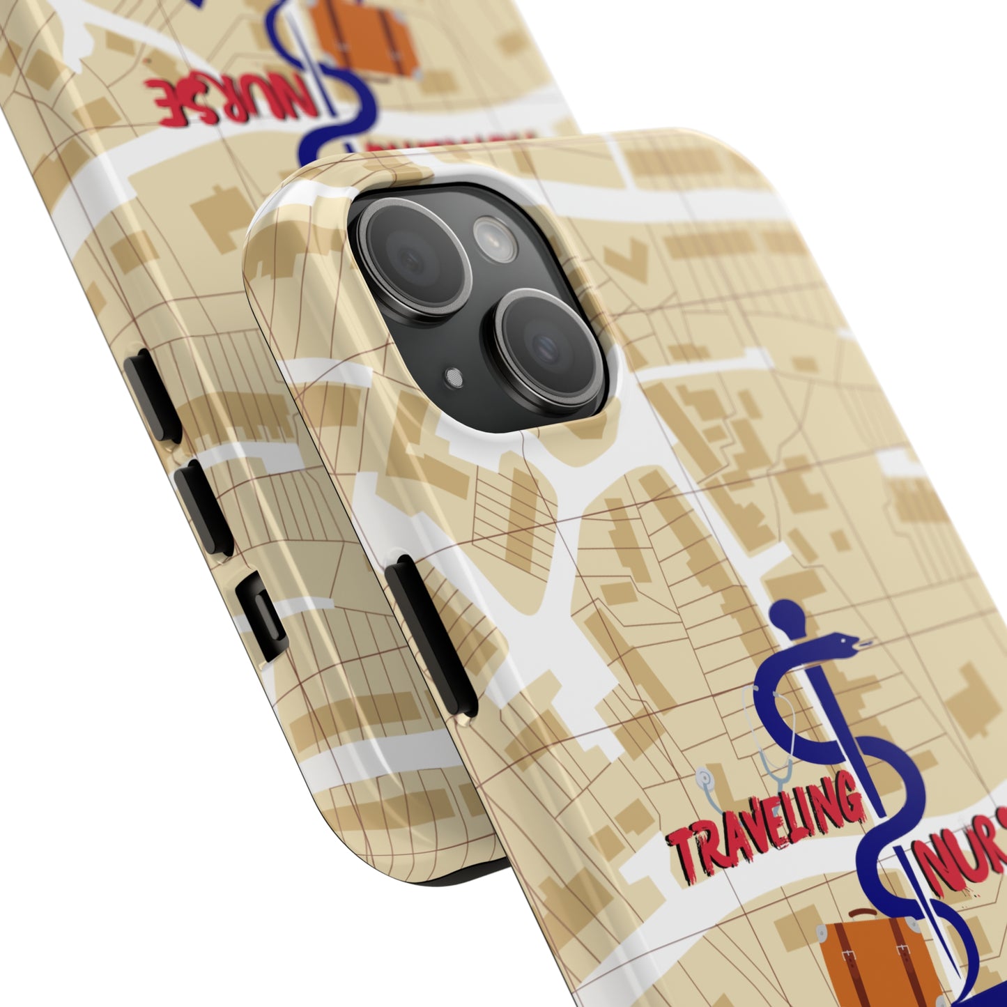 iPhone case with background of a map in brown.  Centered is the Staff of Asclepius riding on a skateboard with a suitcase and the words "Traveling Nurse". Underneath are the words "Living The Dream".