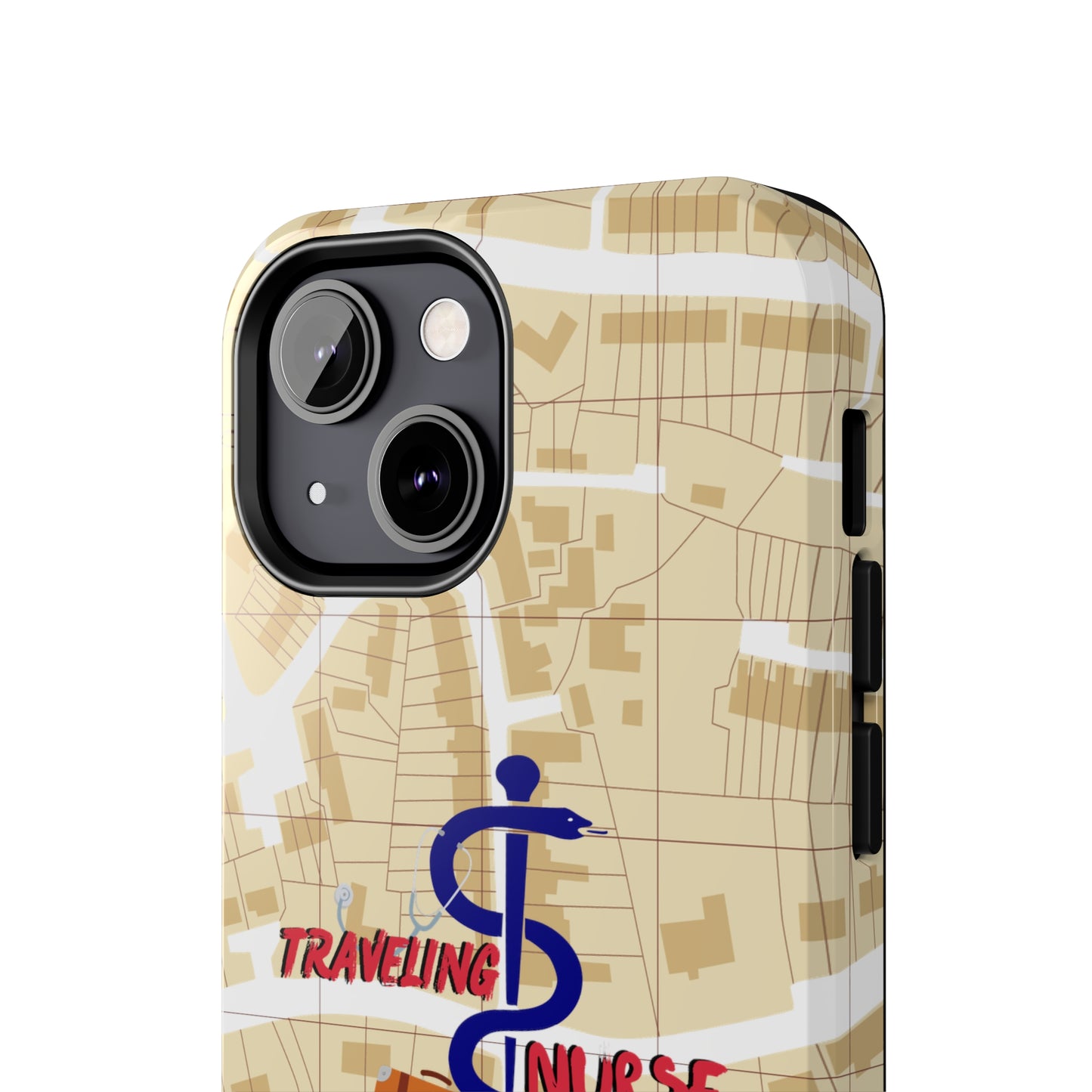 iPhone case with background of a map in brown.  Centered is the Staff of Asclepius riding on a skateboard with a suitcase and the words "Traveling Nurse". Underneath are the words "Living The Dream".