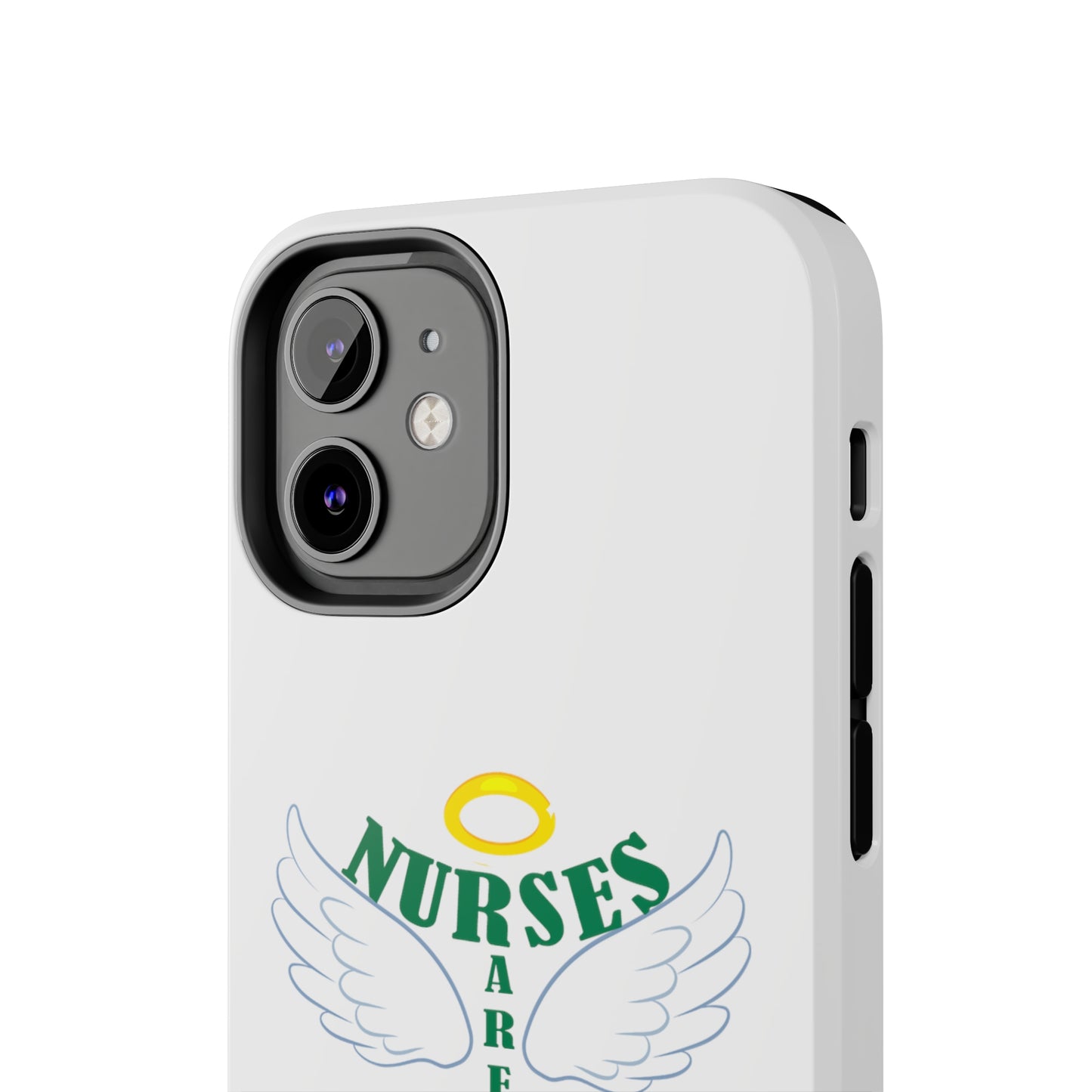 White iPhone case featuring a halo in gold and two white wings and the text "Nurses Are Angels You Can See" suggestive of a person.