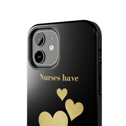 Black iPhone case with three hearts of gold  and text that says "Nurses have hearts of Gold" in gold text.