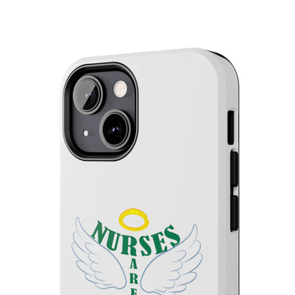 White iPhone case featuring a halo in gold and two white wings and the text "Nurses Are Angels You Can See" suggestive of a person.