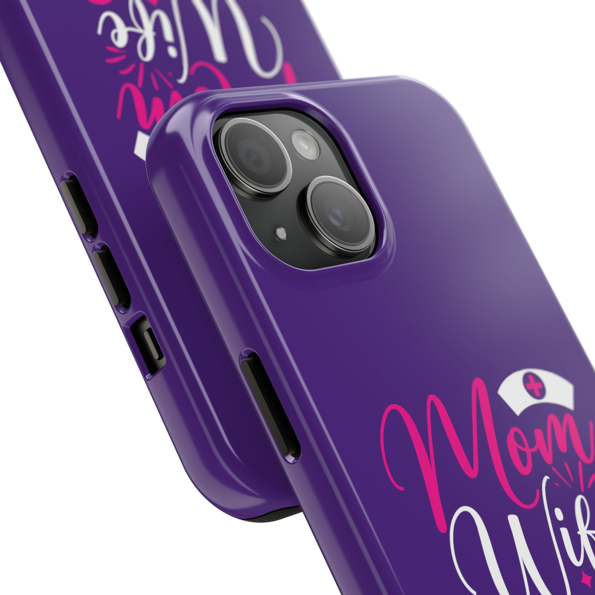 Blue iPhone case with graphic text "Mom, Wife, Nurse, Rockstar" in alternating pink and white. The word "Mom" is topped by an old style nurses' hat.