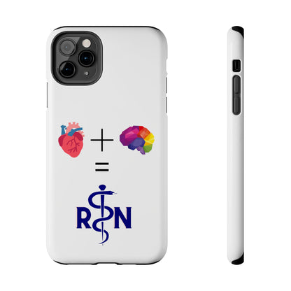 White iPhone case with graphic of a heart, a plus sign, a graphic of a colorful brain, the equals symbol and the letters R and N separated by the staff of Aesculapius.