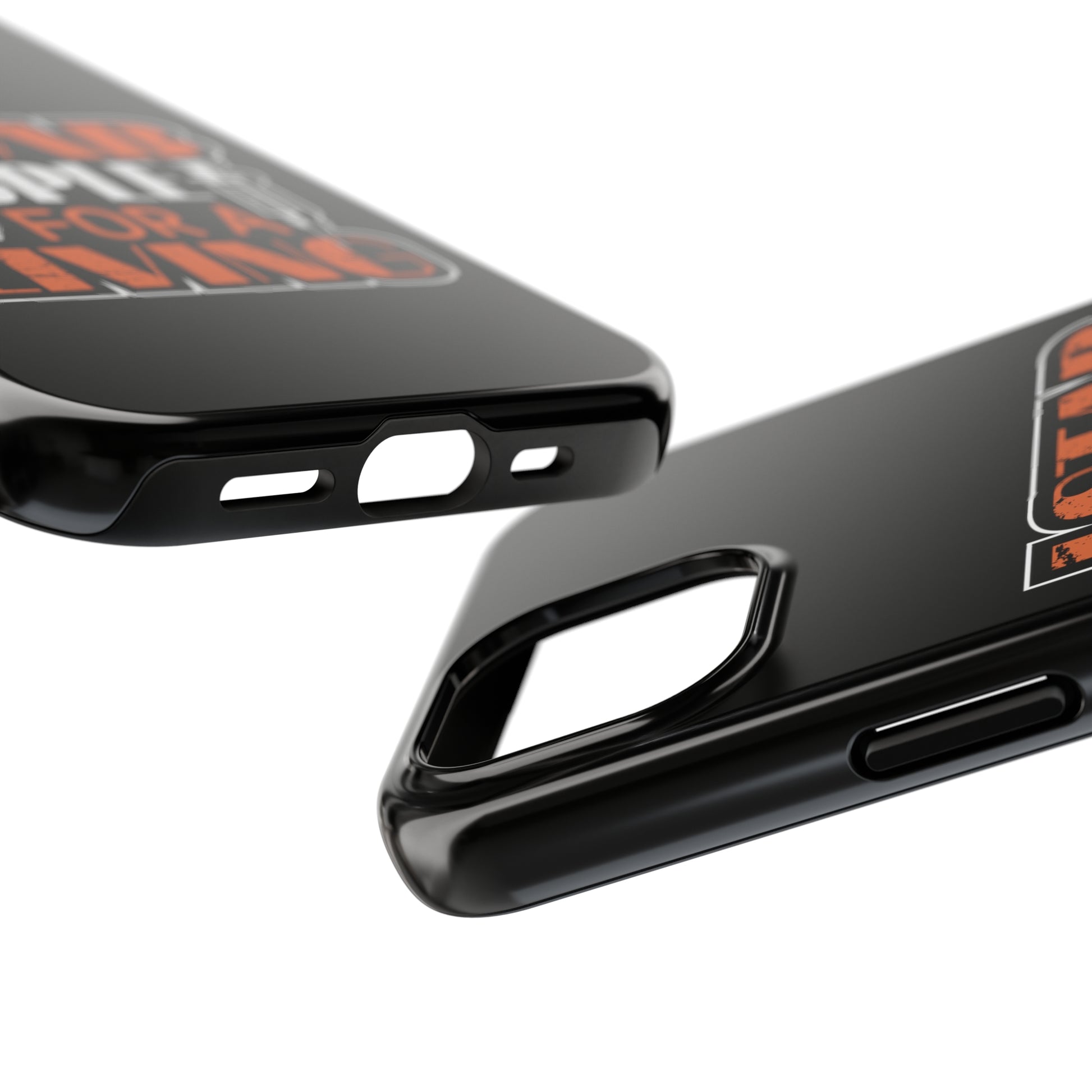 Black iPhone case with graphic text "I Stab People for a Living" in orange and white text.