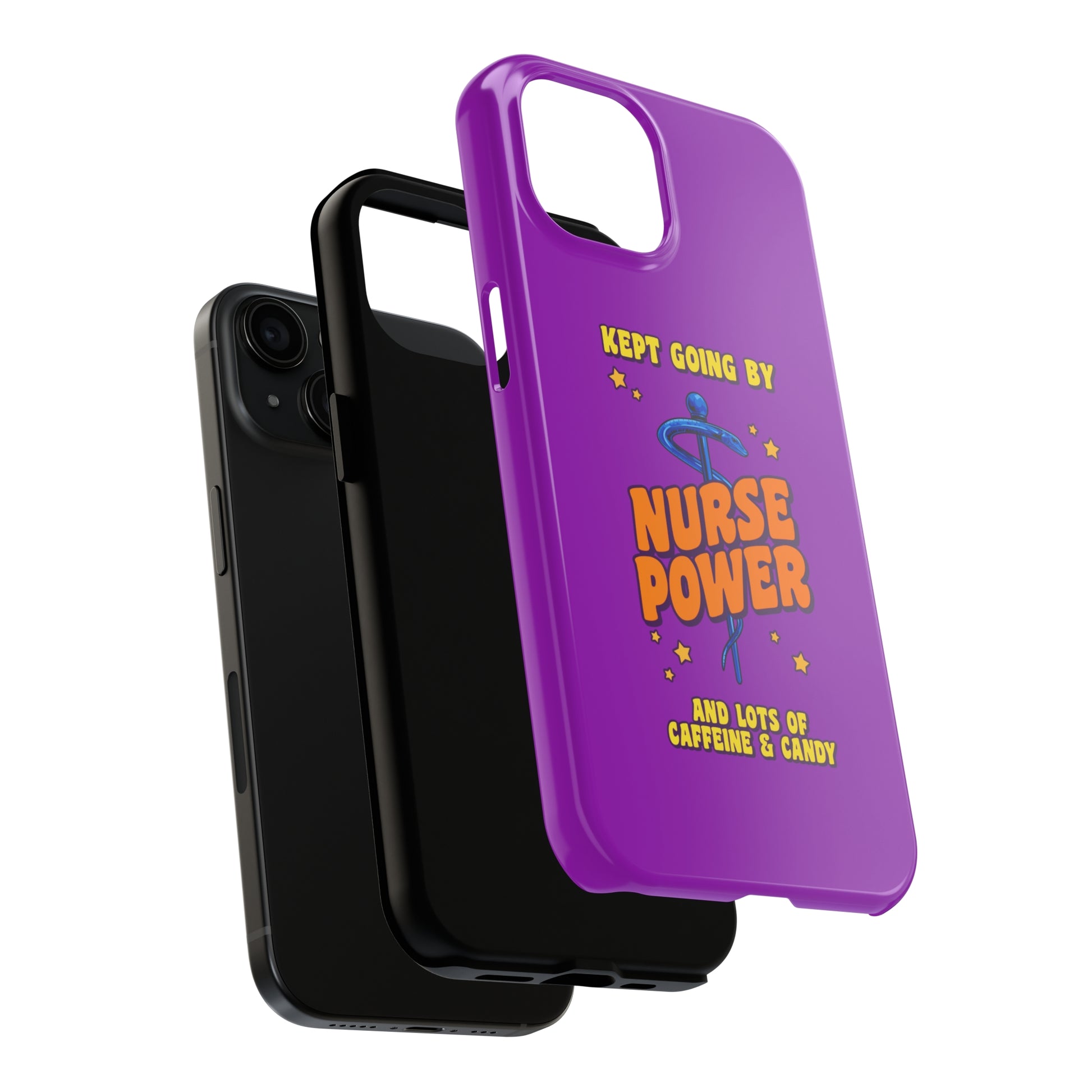 Purple iPhone case with the staff of caduceus centered with the words "Nurse Power" in blue and orange .  Above it the words "Kept Going By" and below the words "and lots of caffeine & candy in yellow."