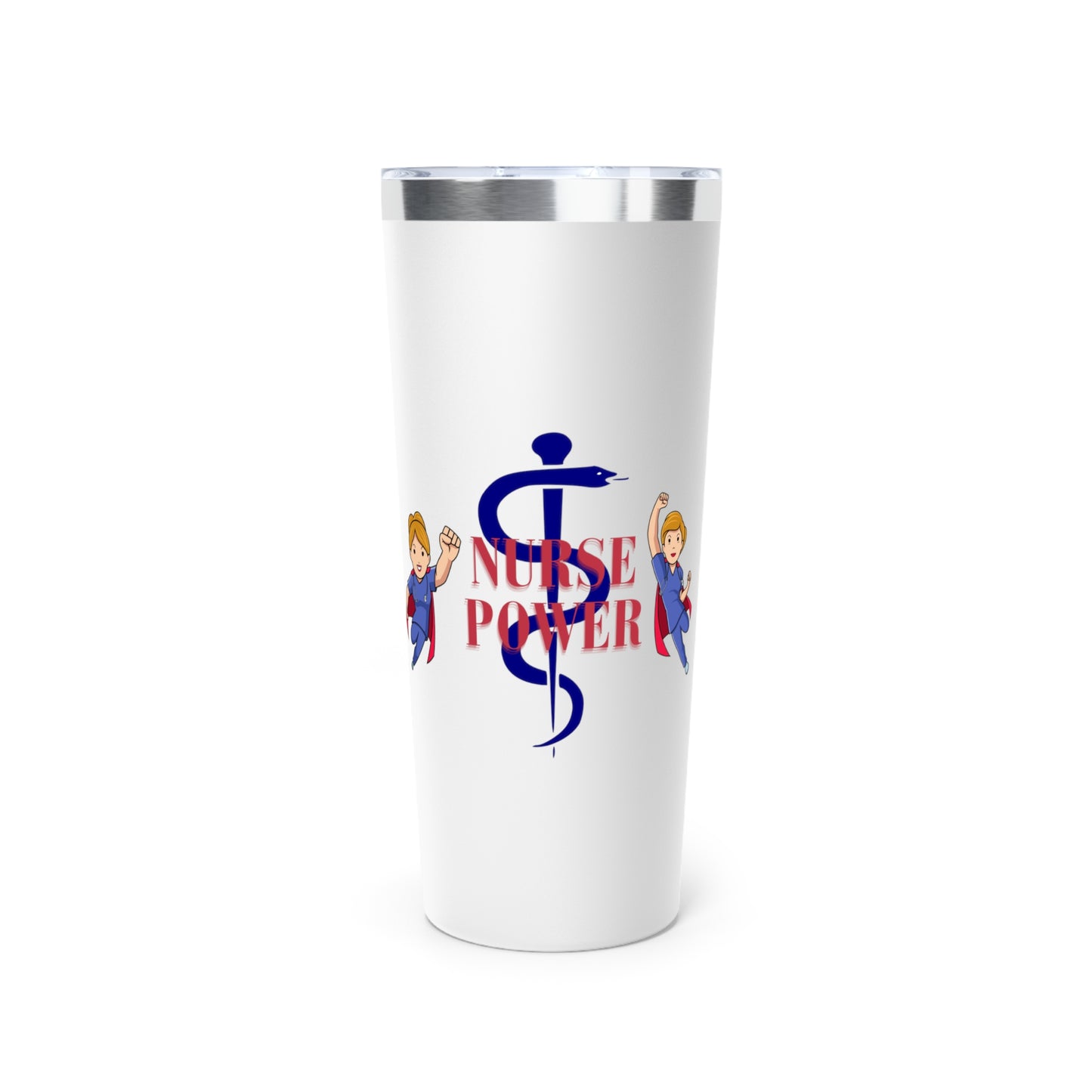 White 22oz tumbler.  Feature graphics are the Aesculapius staff in dark Blue with the words "Nurse Power" in red and smaller flying nurse figures around the circumference.