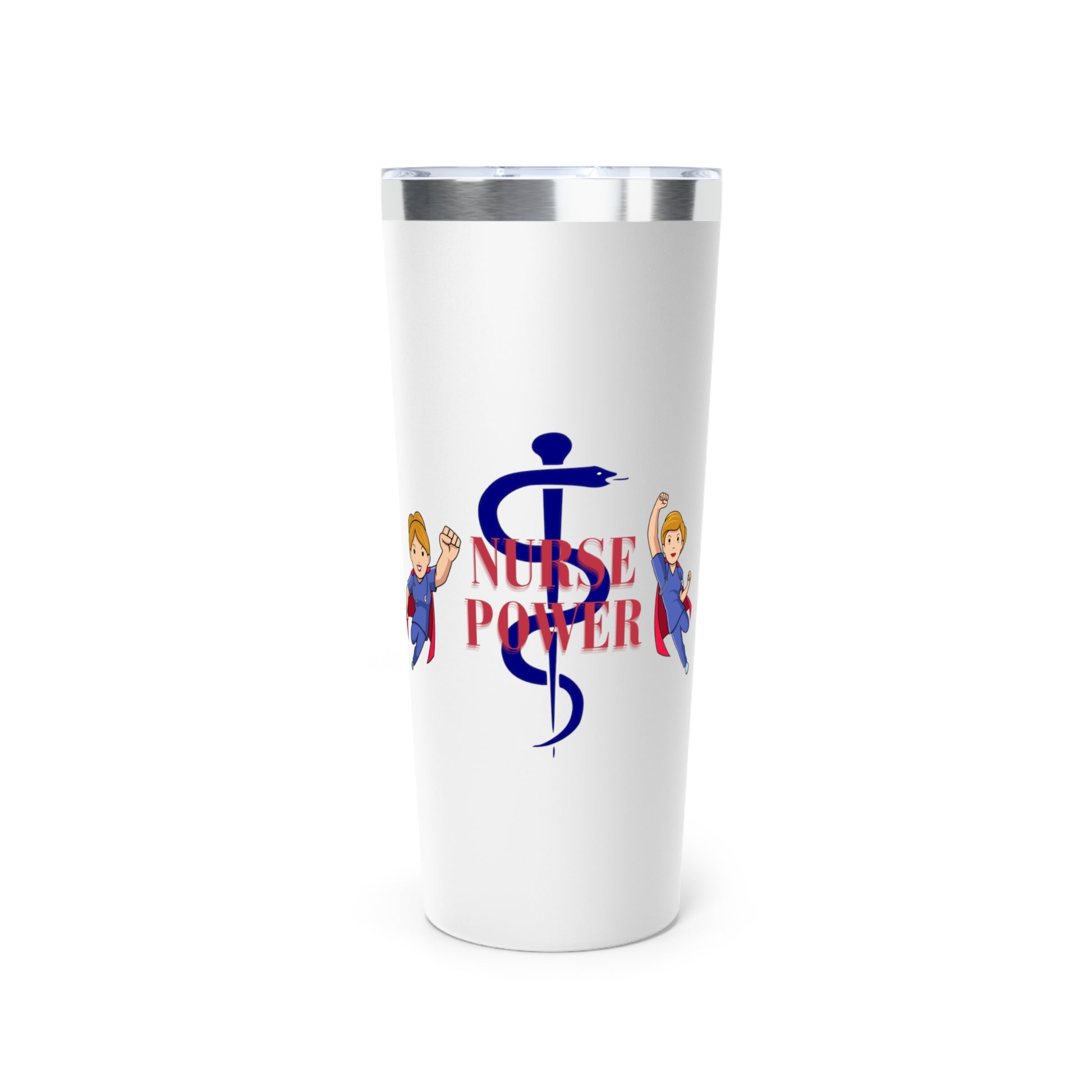 White 22oz tumbler.  Feature graphics are the Aesculapius staff in dark Blue with the words "Nurse Power" in red and smaller flying nurse figures around the circumference.