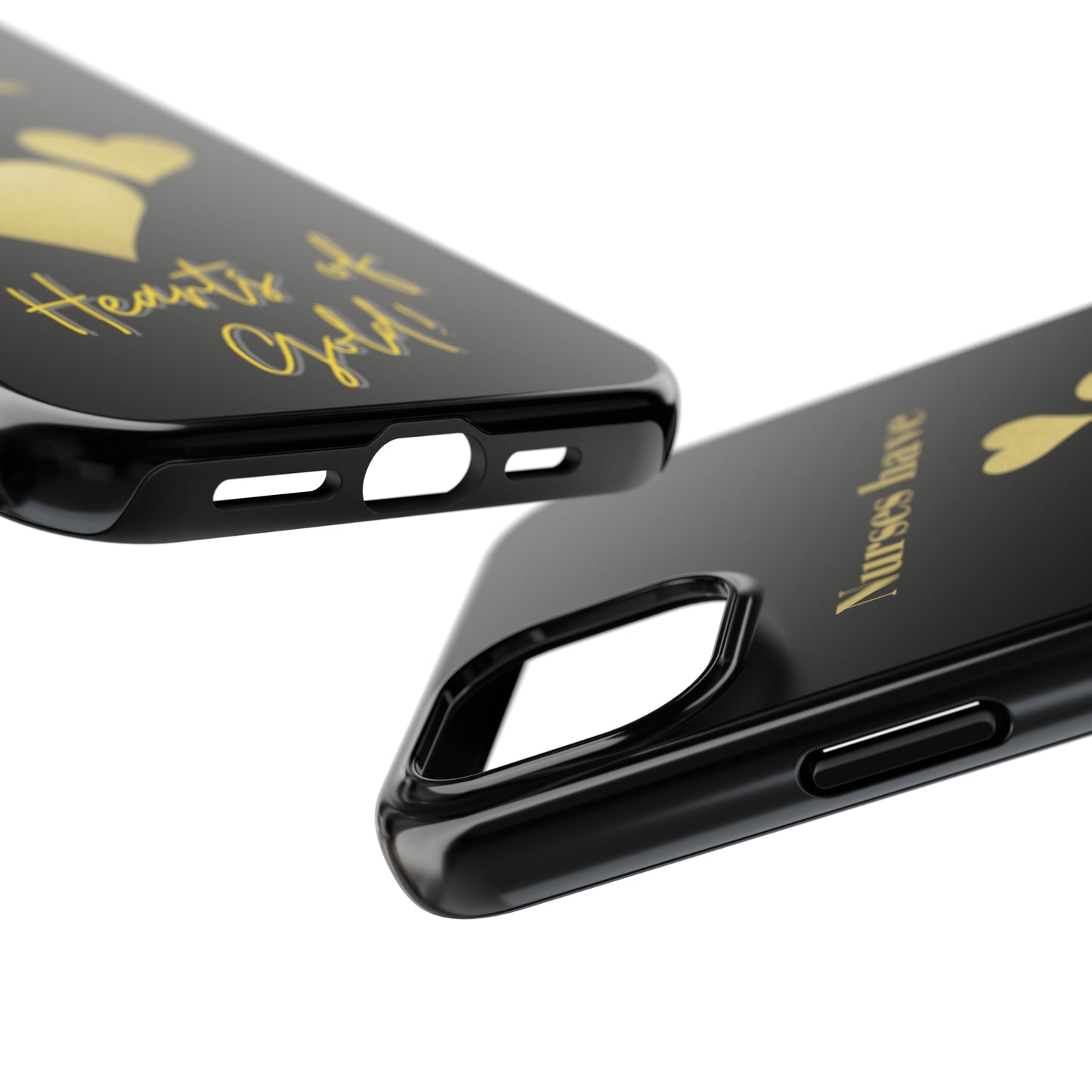 Black iPhone case with three hearts of gold  and text that says "Nurses have hearts of Gold" in gold text.