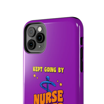 Purple iPhone case with the staff of caduceus centered with the words "Nurse Power" in blue and orange .  Above it the words "Kept Going By" and below the words "and lots of caffeine & candy in yellow."