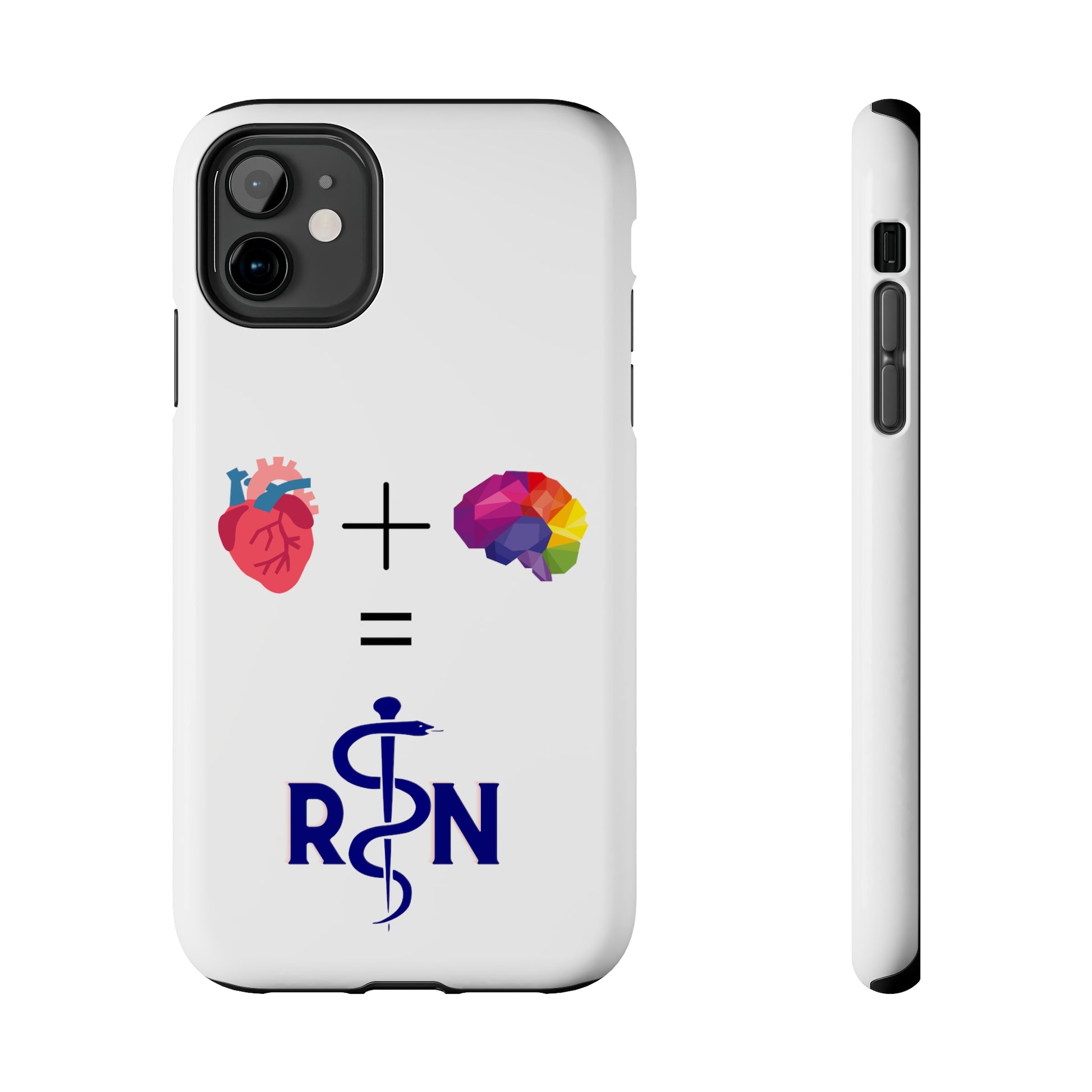 White iPhone case with graphic of a heart, a plus sign, a graphic of a colorful brain, the equals symbol and the letters R and N separated by the staff of Aesculapius.