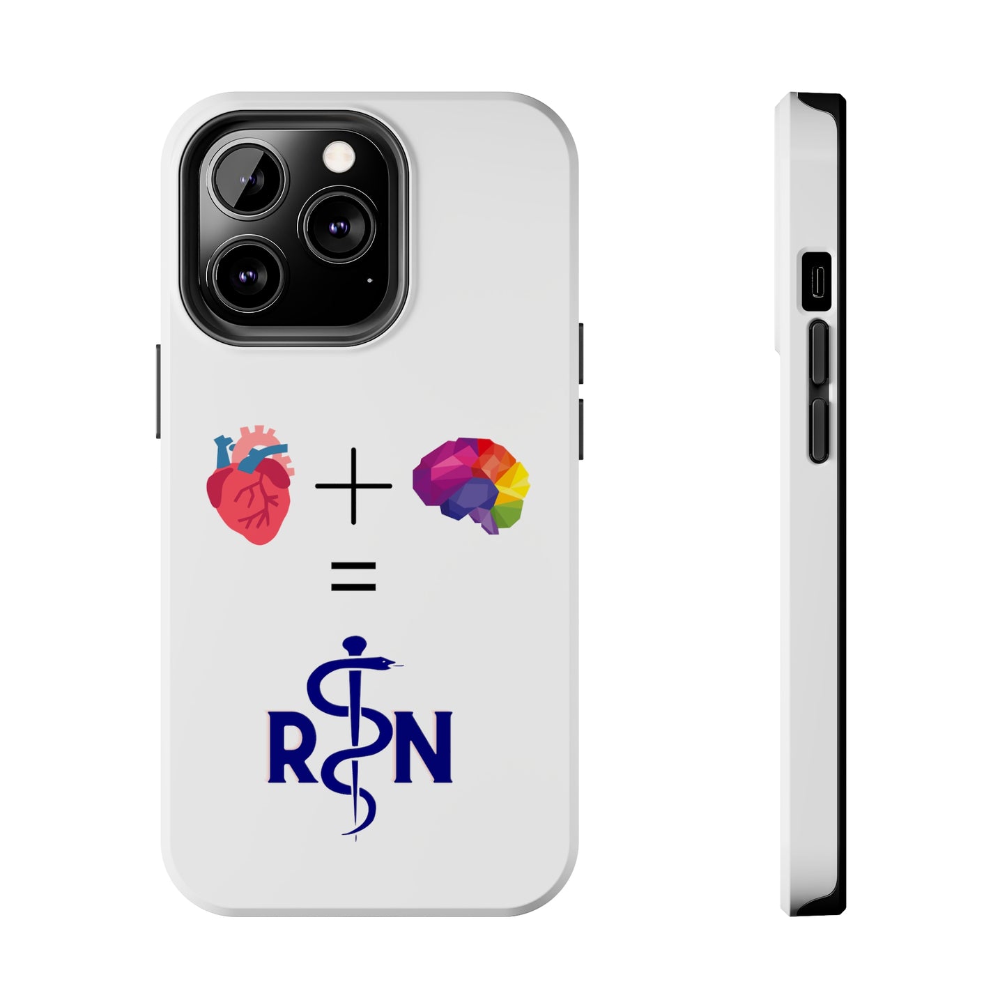 White iPhone case with graphic of a heart, a plus sign, a graphic of a colorful brain, the equals symbol and the letters R and N separated by the staff of Aesculapius.