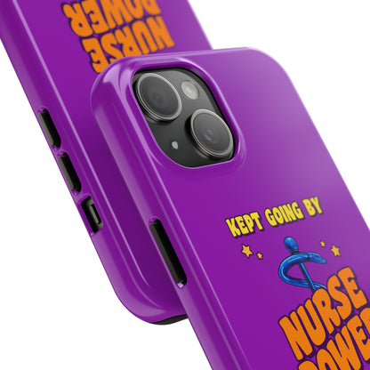 Purple iPhone case with the staff of caduceus centered with the words "Nurse Power" in blue and orange .  Above it the words "Kept Going By" and below the words "and lots of caffeine & candy in yellow."