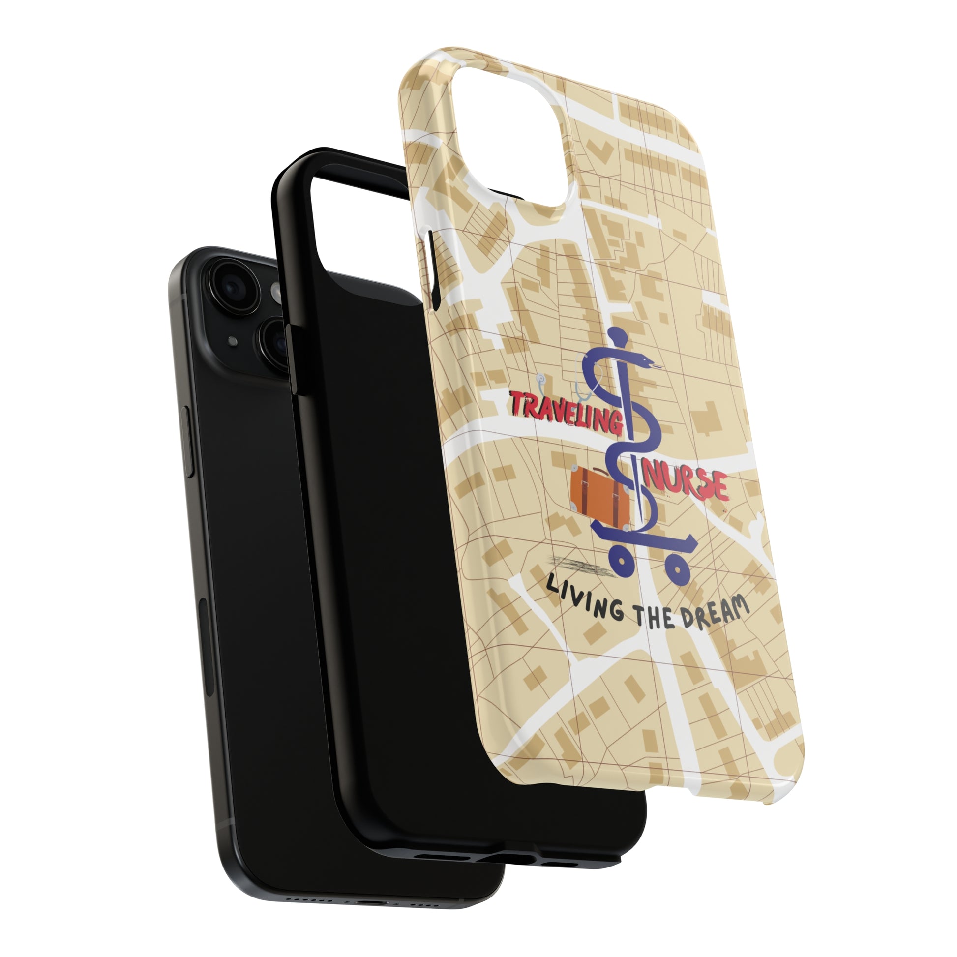 iPhone case with background of a map in brown.  Centered is the Staff of Asclepius riding on a skateboard with a suitcase and the words "Traveling Nurse". Underneath are the words "Living The Dream".