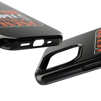 Black iPhone case with graphic text "I Stab People for a Living" in orange and white text.